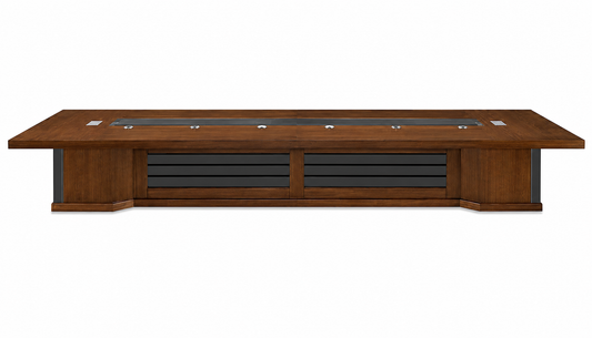 Light Walnut Real Wood Veneer Luxury Boardroom Table with Black Leather Detailing - 5000mm to 6000mm - KT5B60