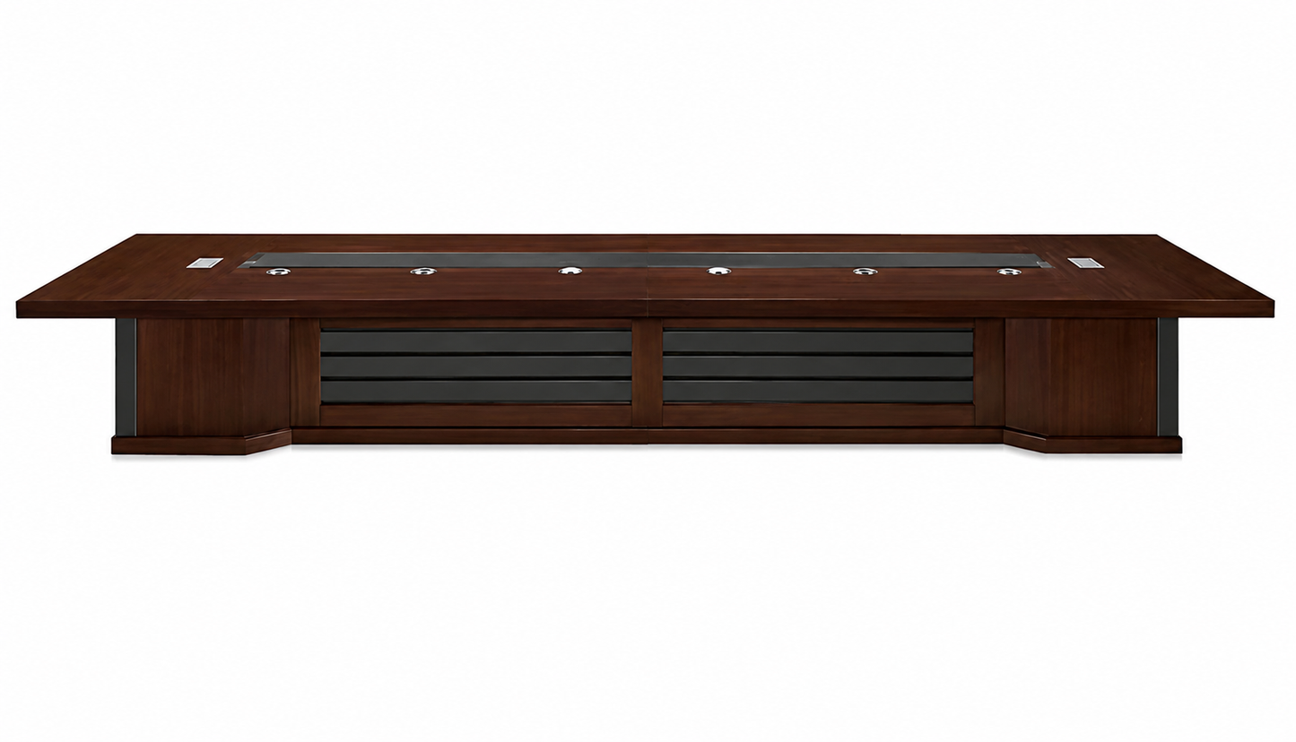 Walnut Real Wood Veneer Luxury Boardroom Table with Black Leather Detailing - 5000mm to 6000mm - KT5B60