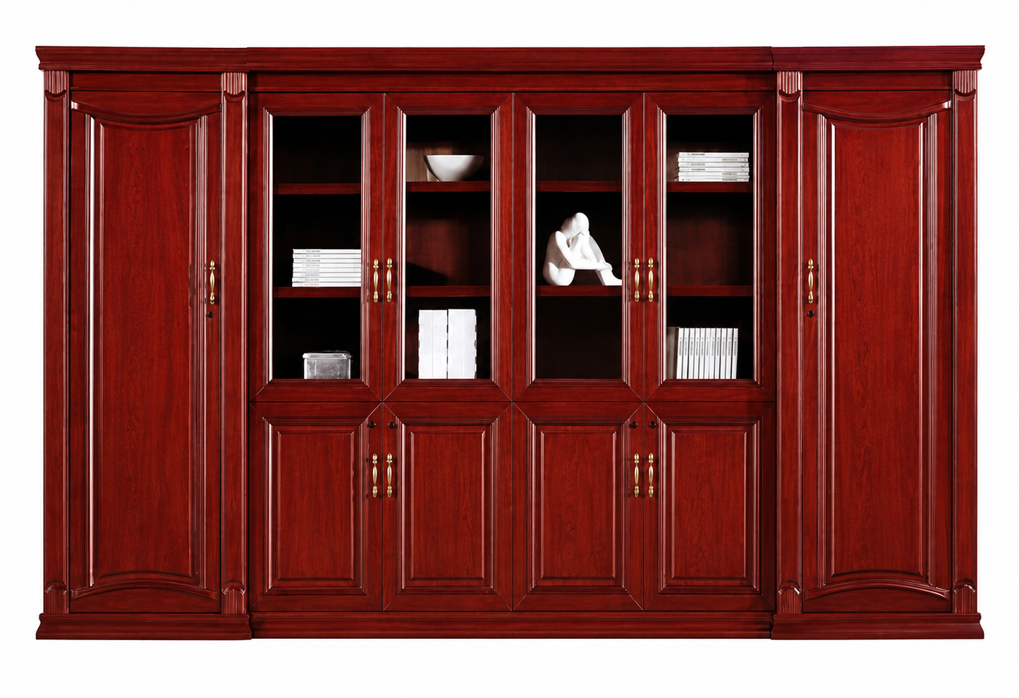 High Quality Cherry Rosewood Real Wood Veneer Executive Bookcase with Glass Doors - 3400mm - KM2K06