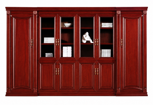 High Quality Cherry Rosewood Real Wood Veneer Executive Bookcase with Glass Doors - 3400mm - KM2K06