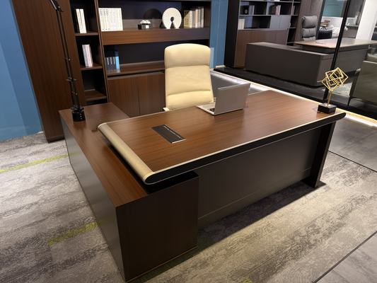 Modern Walnut Home Corner Office Desk with Brass Metal Trim and Storage - 1800mm or 2000mm – MK-D03