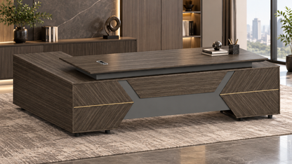 Luxury Wenge Herringbone Executive Corner Desk with Integrated Twin Storage - UK Power Integrated - 2800mm - DG42-D02