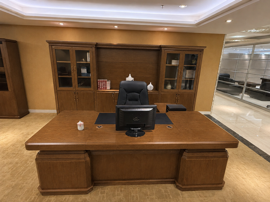 Elegant Light Walnut Real Wood Veneer Executive CEO Manager Office Desk - With Pedestal and Return - 2600mm - N4J261