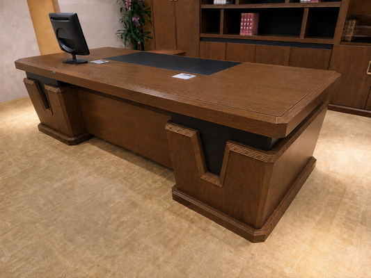 Light Walnut Real Wood Veneer Chunky Executive CEO Manager Office Desk - With Pedestal and Return - 2400mm - N9P241