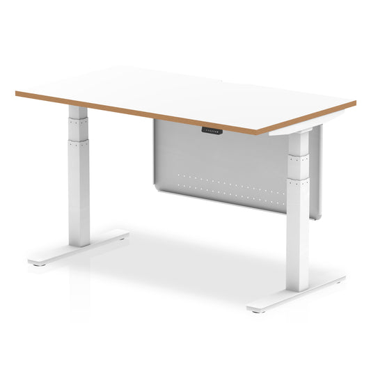 Oslo Air Height Adjustable Desk White Top Natural Wood Edge White Frame with White Steel Modesty Panel - 1200mm, 1400mm, 1600mm
