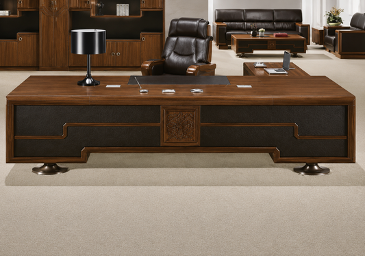 Luxury Large Light Walnut Real Wood Veneer Executive Office Desk with Built in Storage and Side Return - 3000mm to 3800mm - P2N361