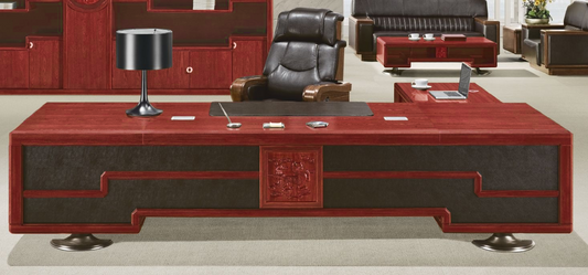 Luxury Large Cherry Rosewood Real Wood Veneer Executive Office Desk with Built in Storage and Side Return - 3000mm to 3800mm - P2N361