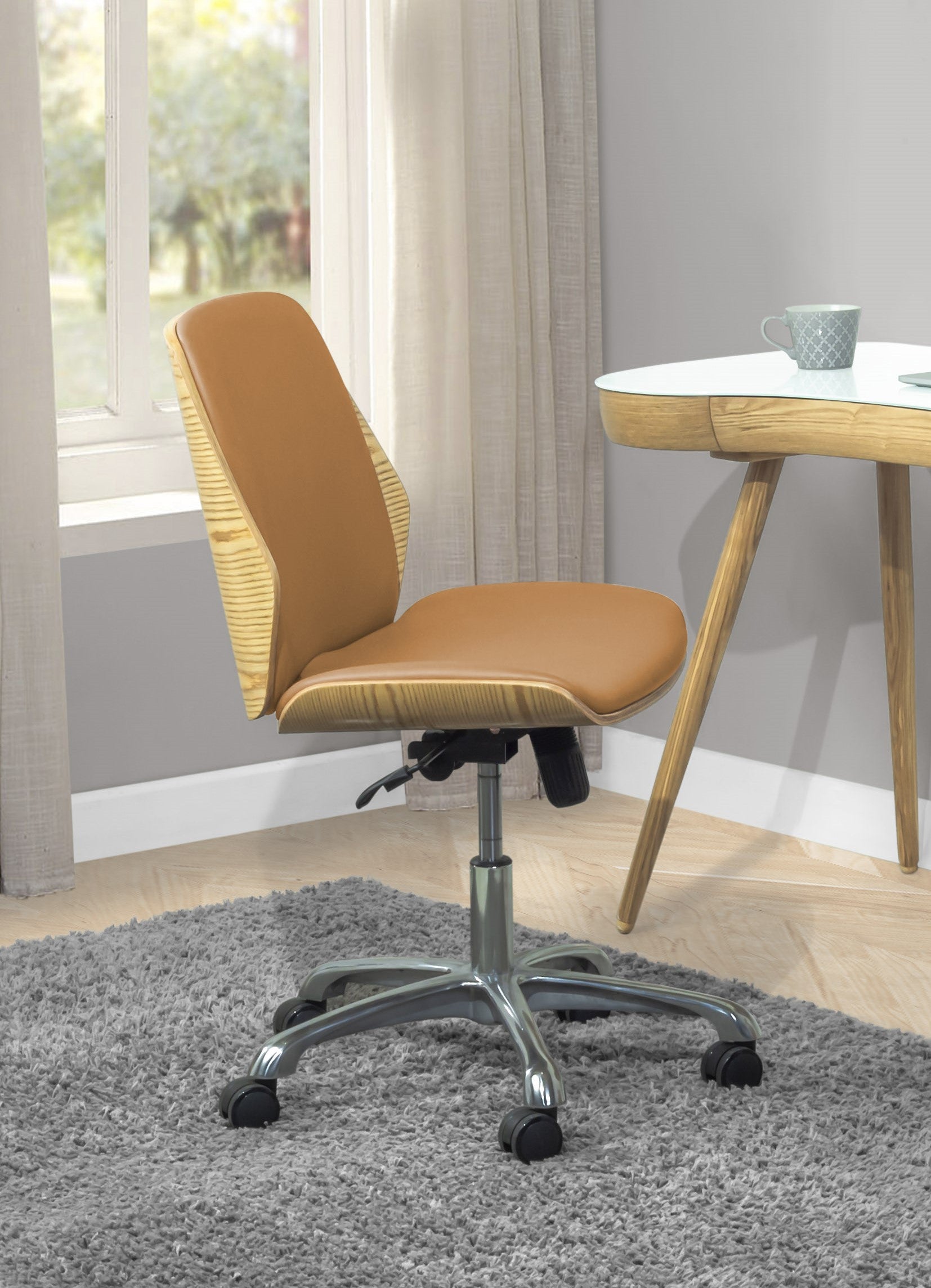 Modern Faux Leather Office Chair with Oak Wood Veneer Shell - Tan - PC211
