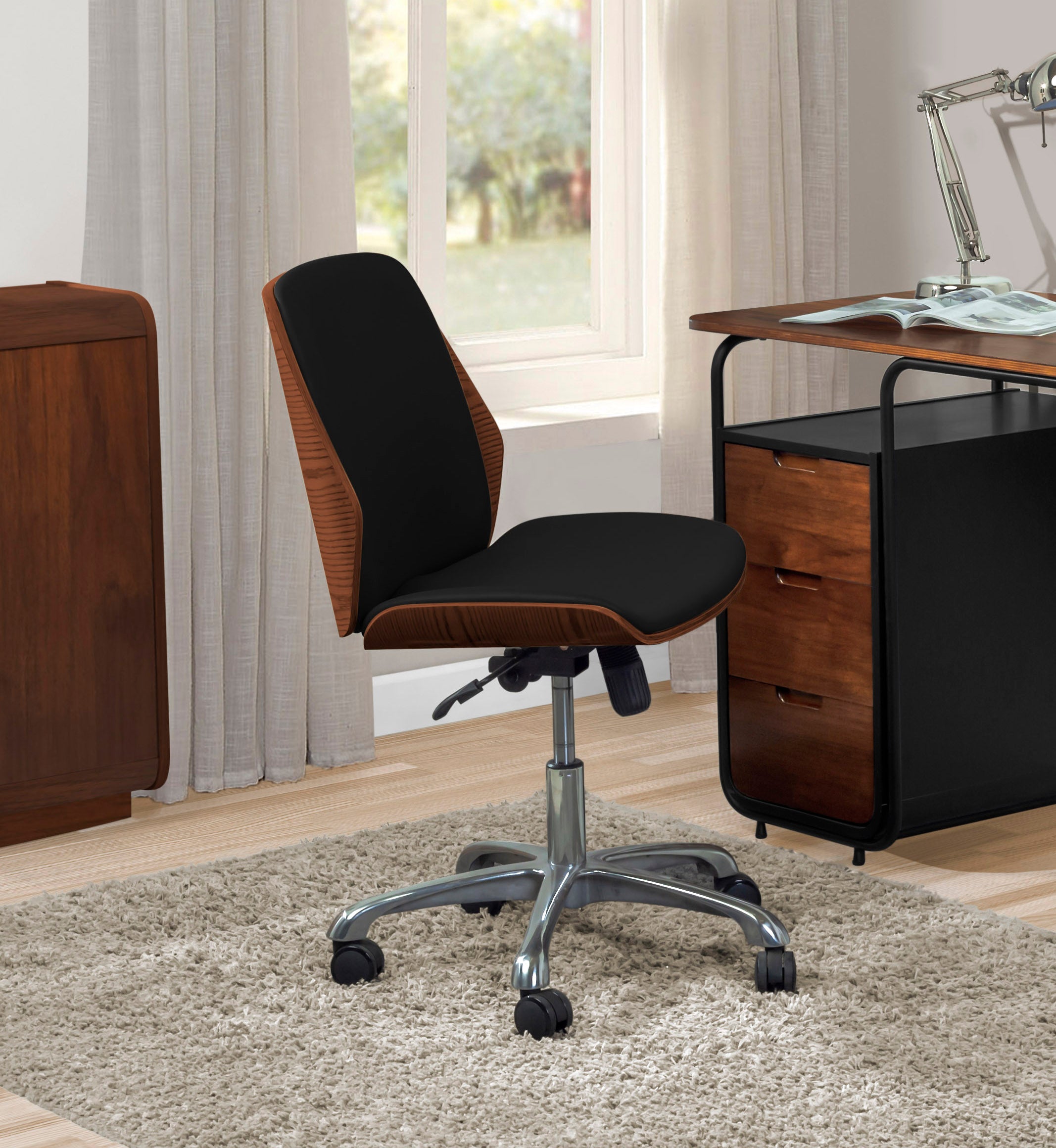 Modern Faux Leather Office Chair with Walnut Wood Veneer Shell - Black - PC211 UK