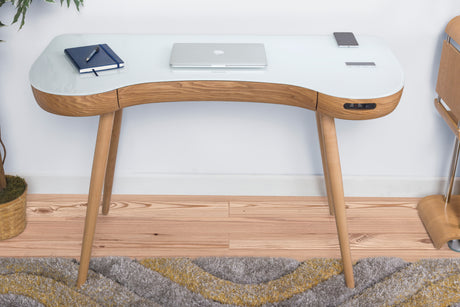 Smart Contemporary Quality Home Glass Office Desk in Oak - Built in Speakers, Bluetooth, Wireless Charging and USB - 1200mm - PC711