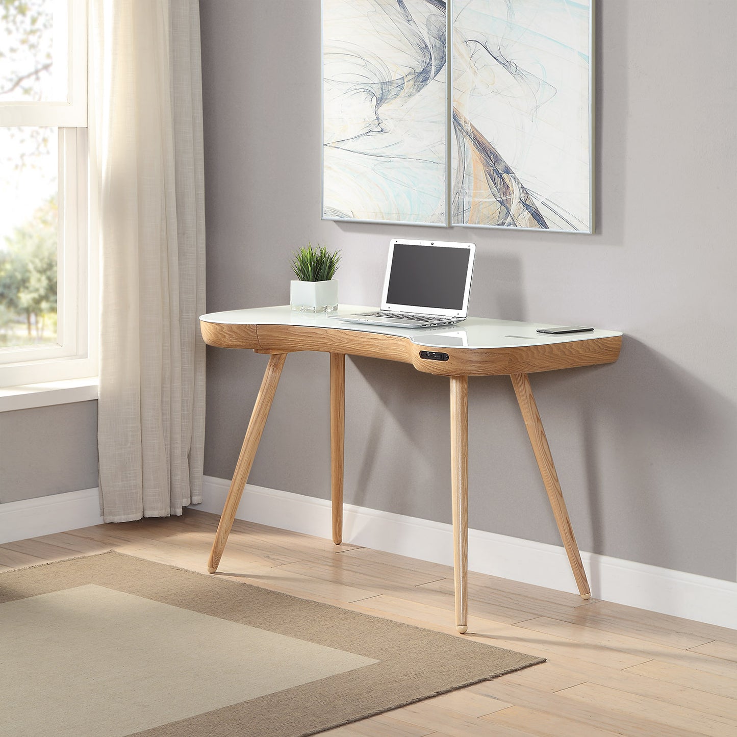 Smart Contemporary Quality Home Glass Office Desk in Oak - Built in Speakers, Bluetooth, Wireless Charging and USB - 1200mm - PC711