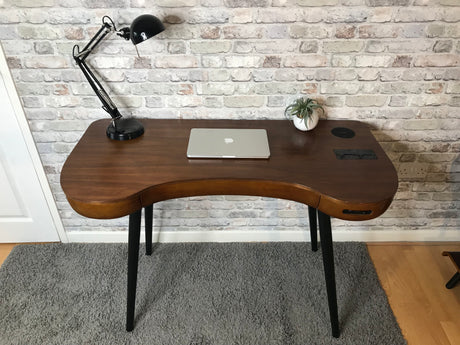 Smart Contemporary Quality Home Glass Office Desk in Walnut - Built in Speakers, Bluetooth, Wireless Charging and USB - 1200mm - PC711