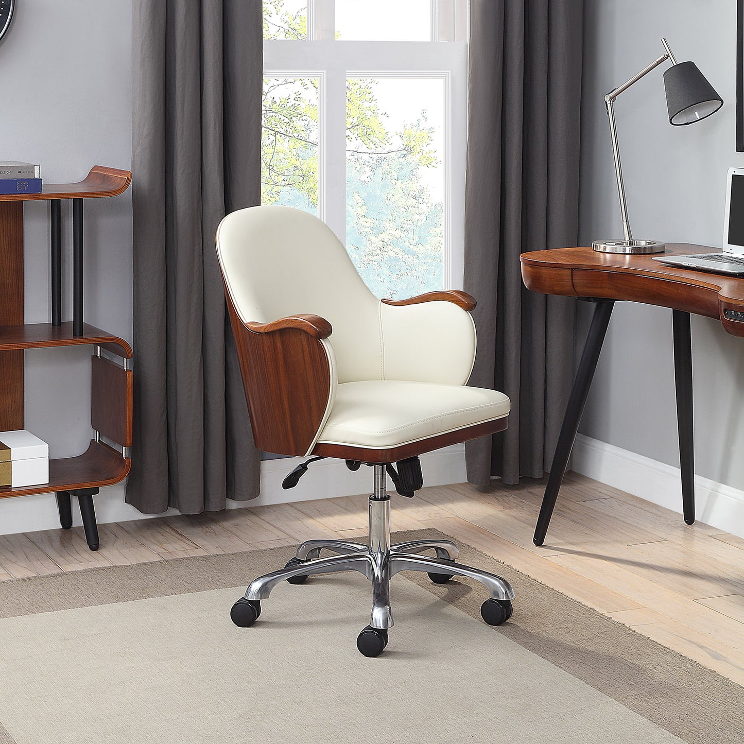 Stylish Faux Leather Office Chair with Walnut Wood Veneer Shell - Cream - PC712