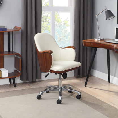 Stylish Faux Leather Office Chair with Walnut Wood Veneer Shell - Cream - PC712