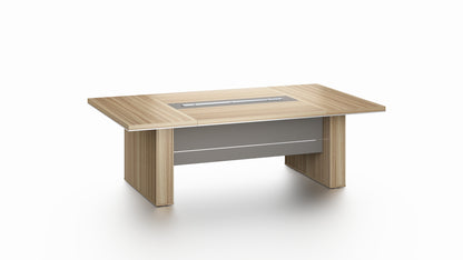 Modern Stunning Golden Oak Executive Boardroom Table with Aluminum Edge - UK Plugs Integrated into Desktop - 2400mm, 2800mm or 3200mm - PM02-C01
