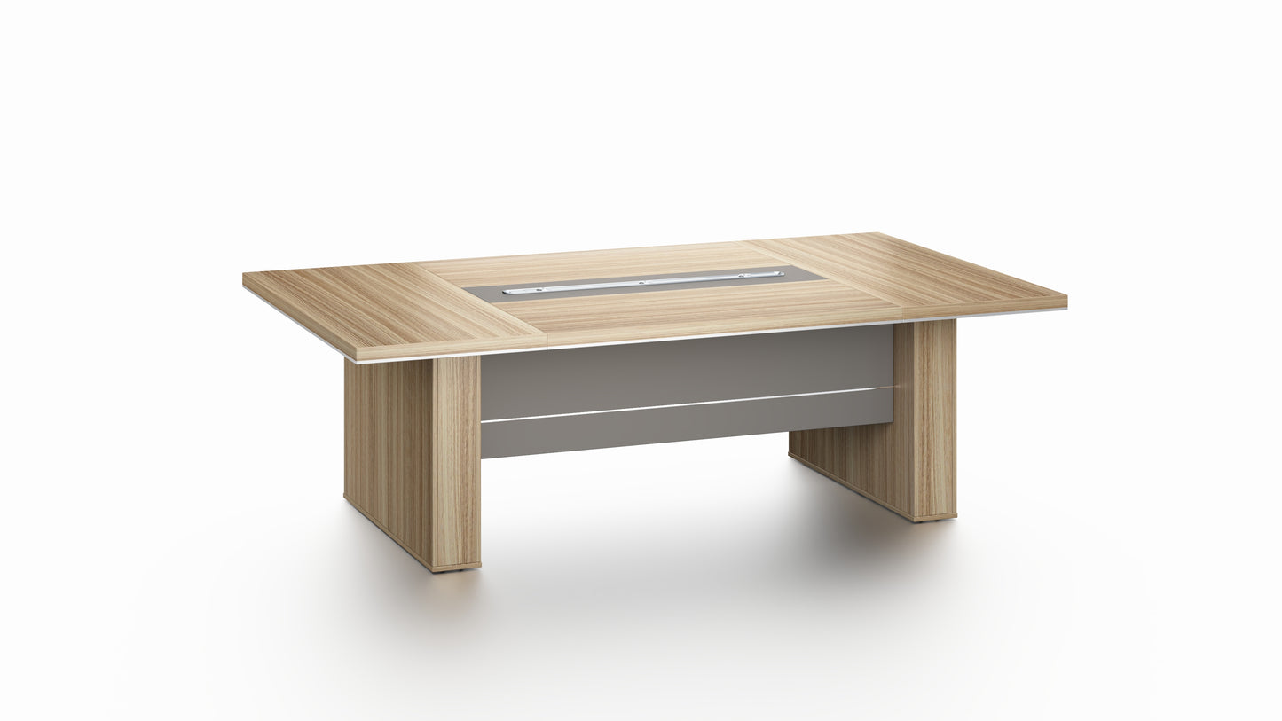Modern Stunning Golden Oak Executive Boardroom Table with Aluminum Edge - UK Plugs Integrated into Desktop - 2400mm, 2800mm or 3200mm - PM02-C01