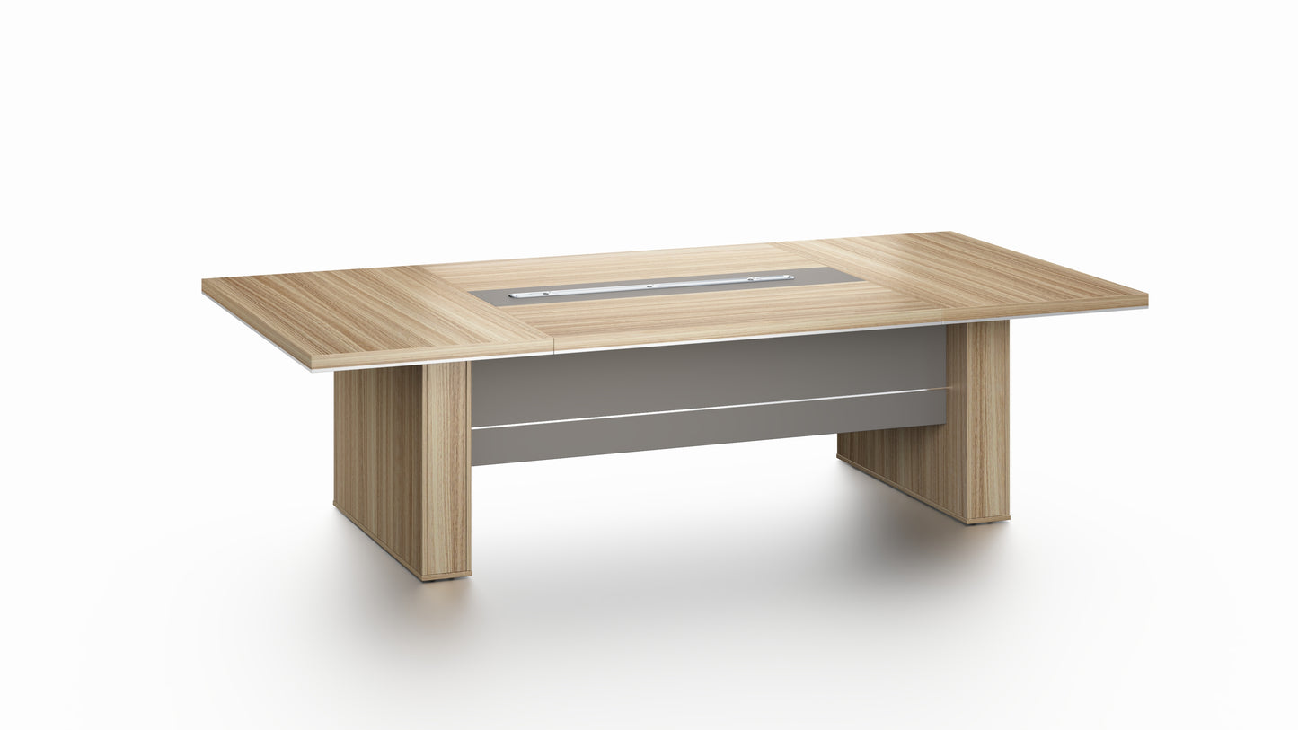 Modern Stunning Golden Oak Executive Boardroom Table with Aluminum Edge - UK Plugs Integrated into Desktop - 2400mm, 2800mm or 3200mm - PM02-C01