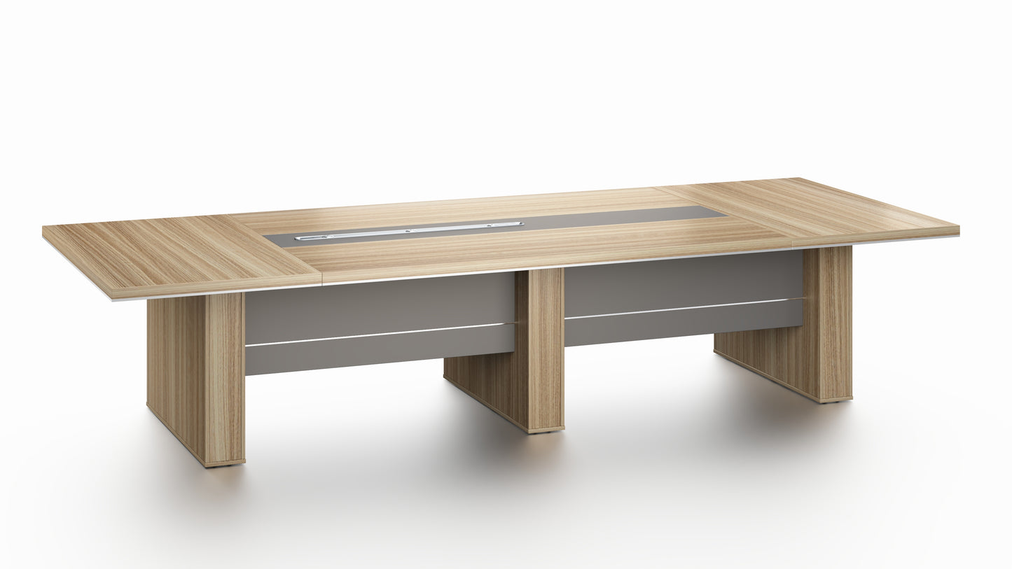 Modern Stunning Golden Oak Executive Boardroom Table with Aluminum Edge - UK Plugs Integrated into Desktop - 2400mm, 2800mm or 3200mm - PM02-C01