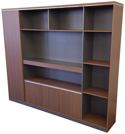 Modern Large Walnut Bookcase with Doors & Open Shelving - 2400mm - PM02-S01