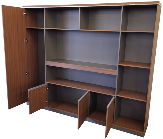Modern Large Walnut Bookcase with Doors & Open Shelving - 2400mm - PM02-S01