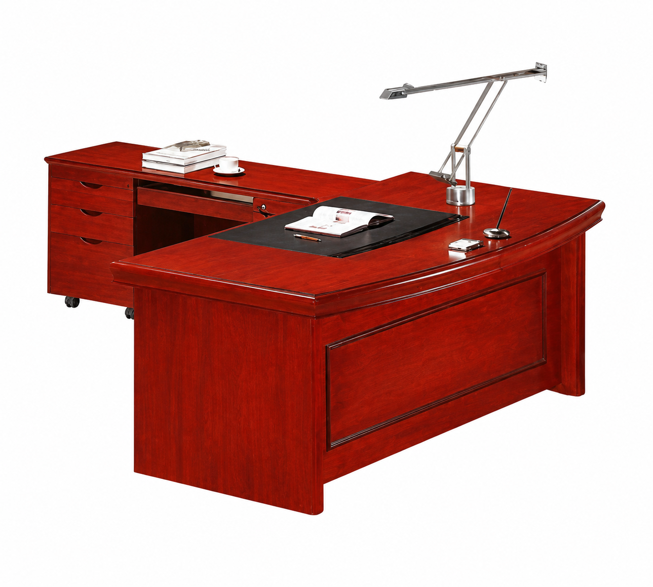Real Cherry Rosewood Veneer Executive Curved Office Desk With Pedestal & Return - 2000mm - U37202