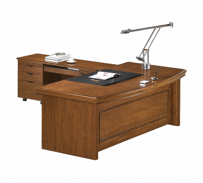 Real Light Walnut Veneer Executive Curved Office Desk With Pedestal & Return - 2000mm - U37202