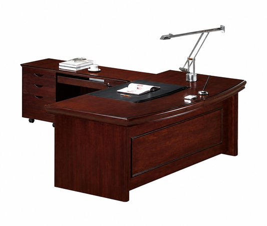 Real Walnut Veneer Executive Curved Office Desk With Pedestal & Return - 1600mm - U37162