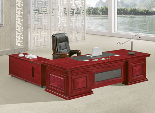 Large Cherry Rosewood Real Wood Veneer Traditional & Stylish Executive Office Desk - With Pedestal and Return - 2400mm / 2600mm / 2800mm - U3J241
