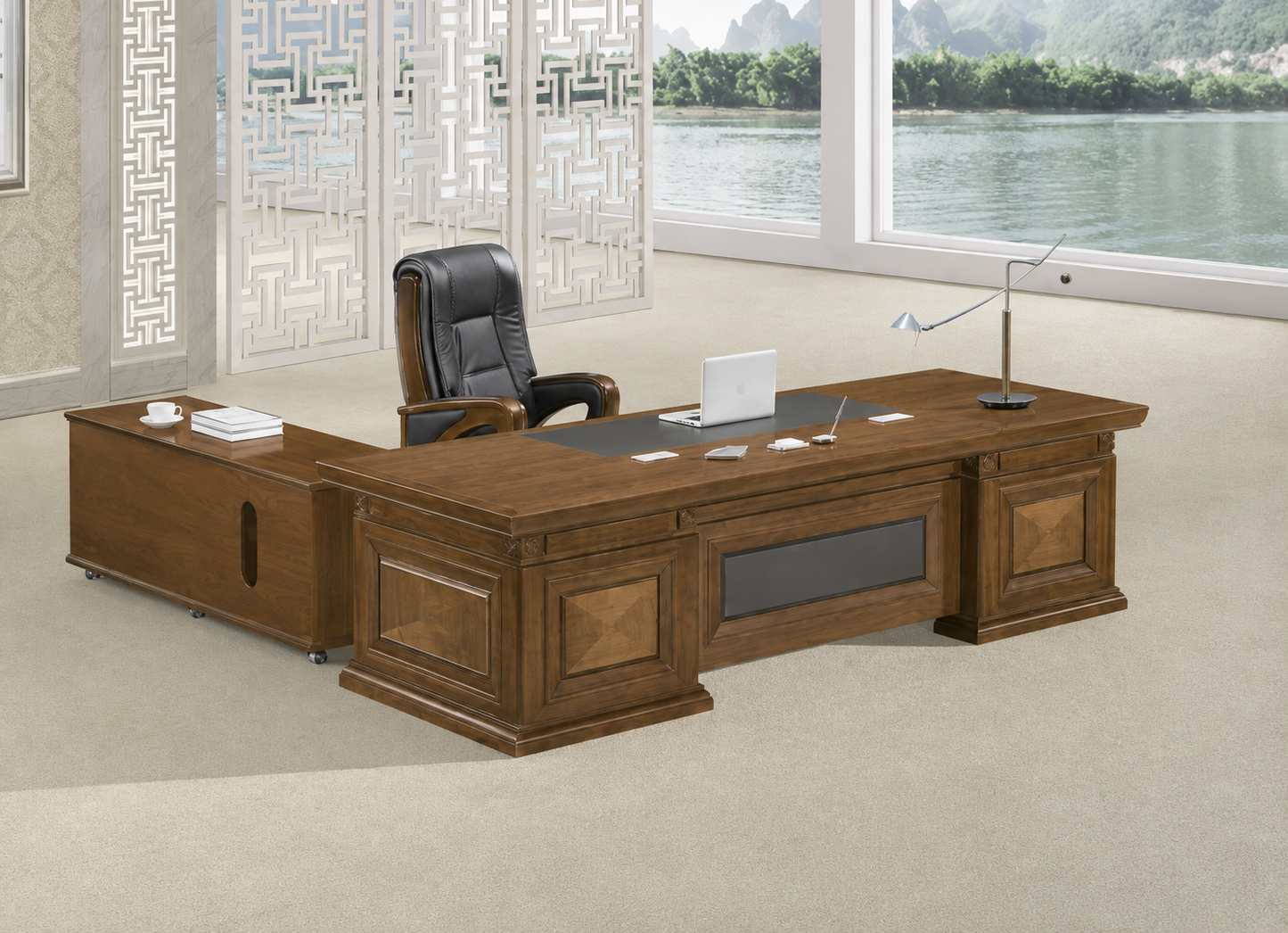 Large Light Walnut Real Wood Veneer Traditional & Stylish Executive Office Desk - With Pedestal and Return - 2400mm / 2600mm / 2800mm - U3J241