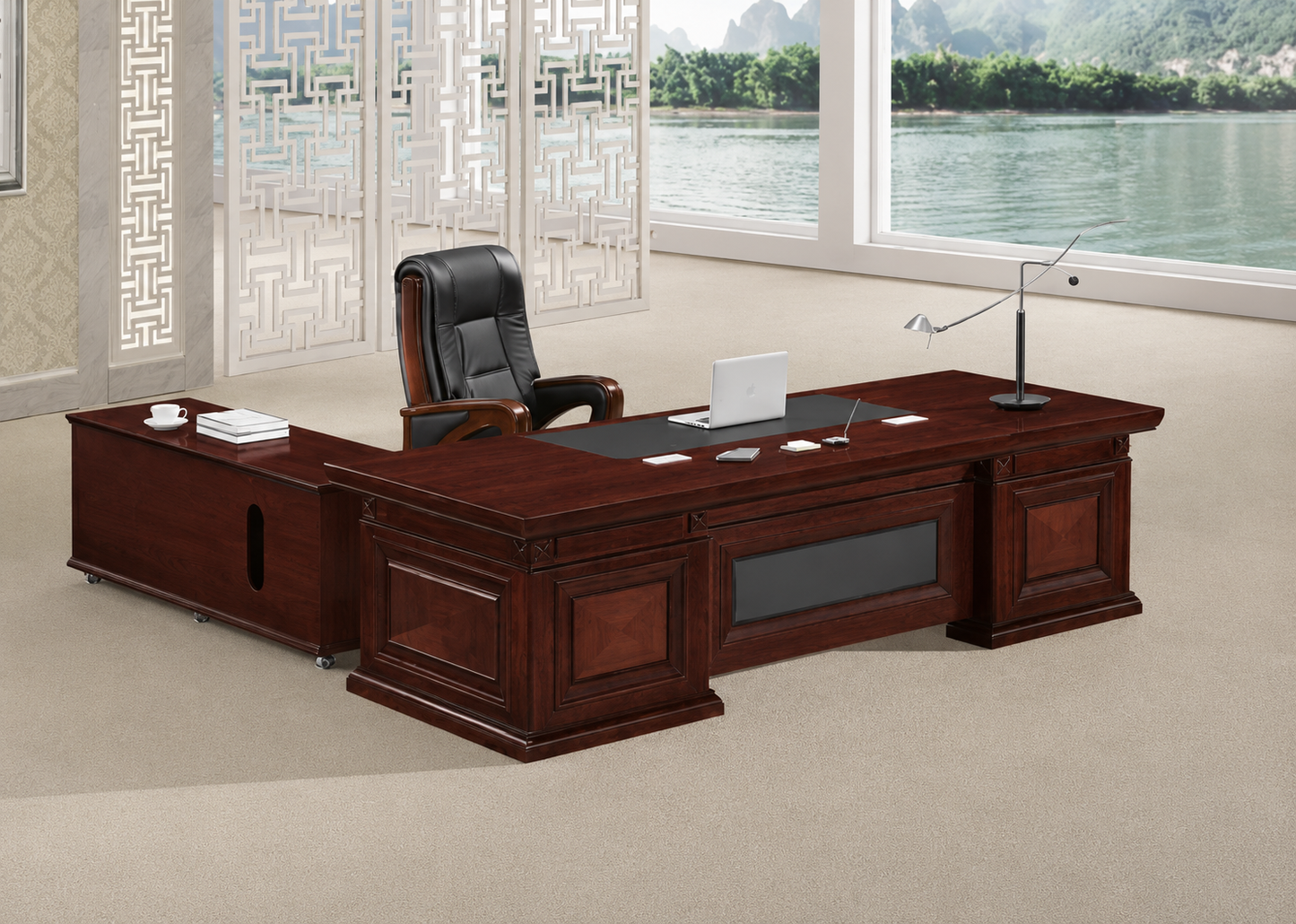 Large Walnut Real Wood Veneer Traditional & Stylish Executive Office Desk - With Pedestal and Return - 2400mm / 2600mm / 2800mm - U3J241