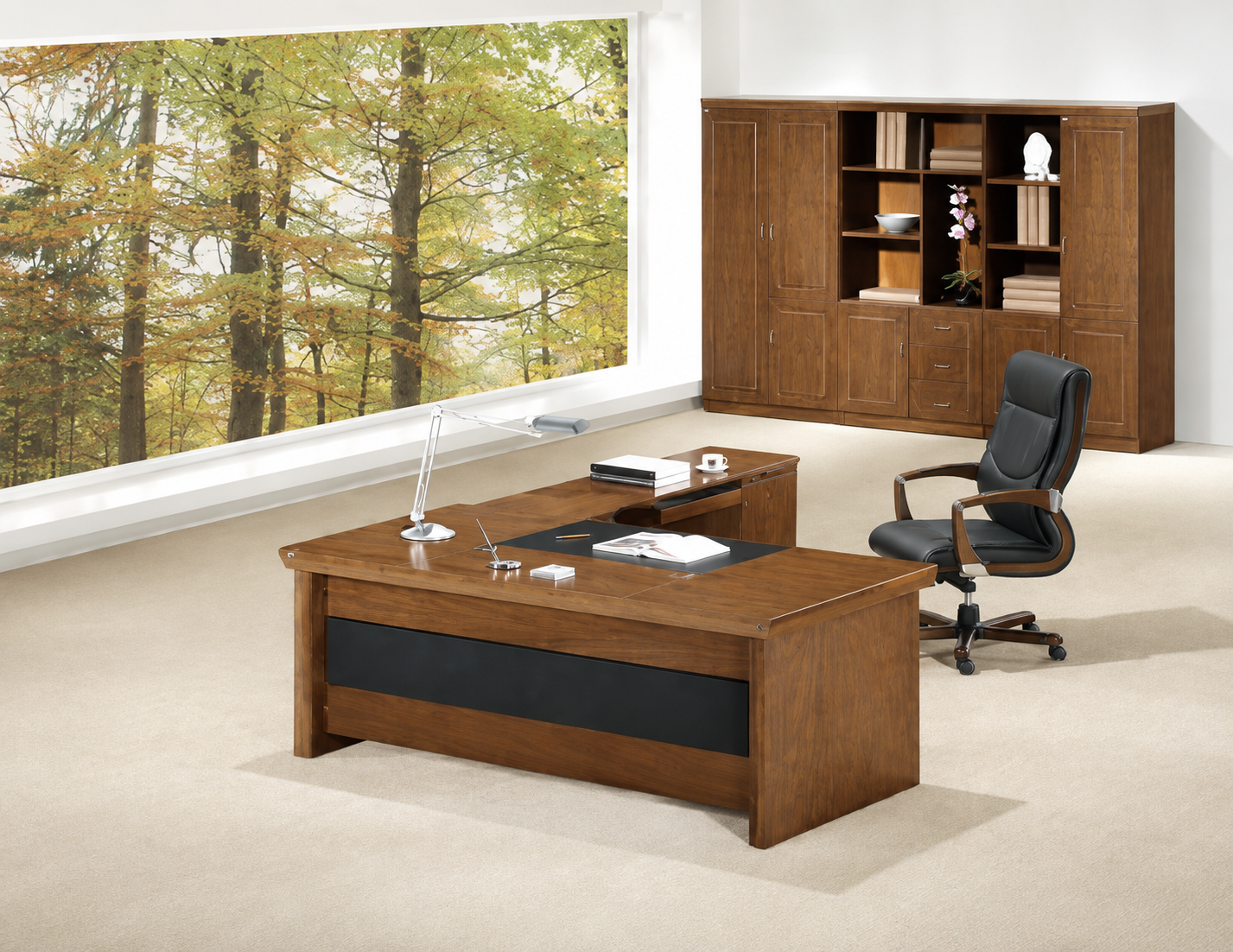 Real Light Walnut Veneer Executive Office Desk With Pedestal & Return - 2000mm - U57203