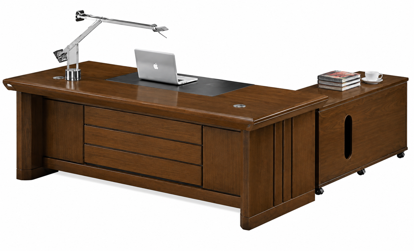 Light Walnut Real Wood Veneer Executive Office Desk With Styled Panels and Pedestal and Return - 1600mm or 1800mm - U5C161