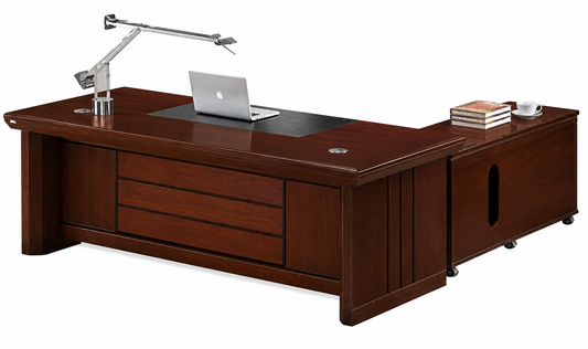 Walnut Real Wood Veneer Executive Office Desk With Styled Panels and Pedestal and Return - 1600mm or 1800mm - U5C161