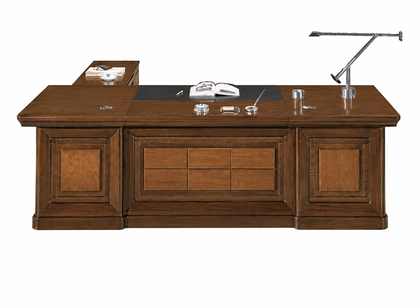 Large Light Walnut Real Wood Veneer Executive Desk With Unique Styling - with Pedestal and Return - 2400mm / 2600mm / 2800mm - U66241