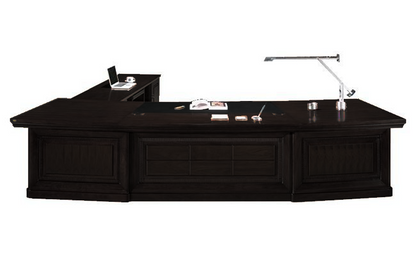 Premium Large Black Ash Real Wood Veneer Curved Executive Office Desk - With Pedestal and Side Return - 2800mm to 3800mm - U66283