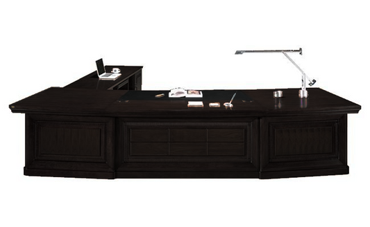 Premium Large Black Ash Real Wood Veneer Curved Executive Office Desk - With Pedestal and Side Return - 2800mm to 3800mm - U66283