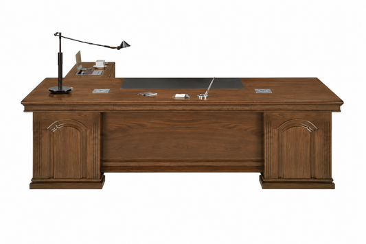 Traditional Large Executive Light Walnut Real Wood Veneer Office Desk with Pedestal and Return - 2000mm / 2200mm / 2400mm / 2600mm - U6C201