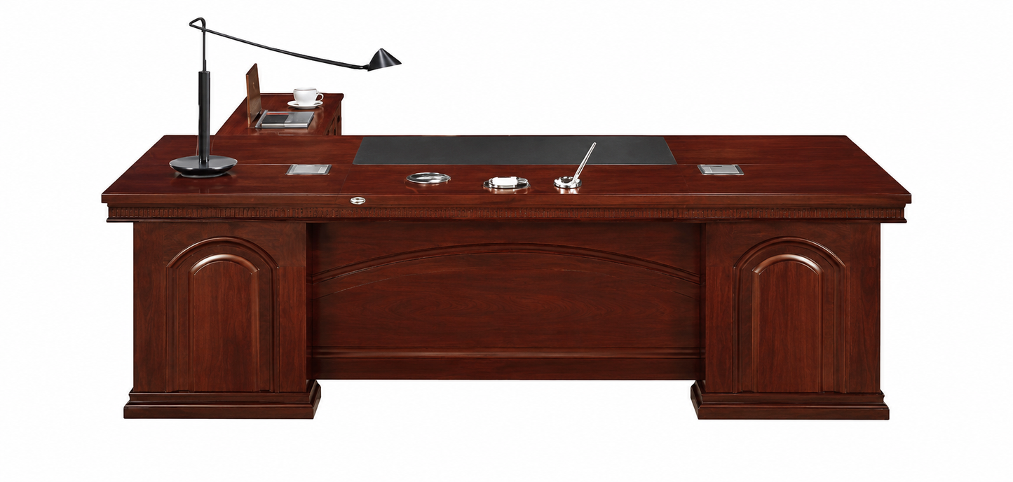 Traditional Large Executive Walnut Real Wood Veneer Office Desk with Pedestal and Return - 2000mm / 2200mm / 2400mm / 2600mm - U6C201