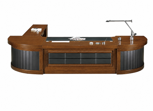 High End Light Walnut Real Wood Veneer Luxurious CEO Manager Executive Office Desk with Black Leather Detailing - 3000mm to 4000mm - U88333