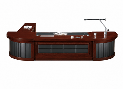 High End Walnut Real Wood Veneer Luxurious CEO Manager Executive Office Desk with Black Leather Detailing - 3000mm to 4000mm - U88333