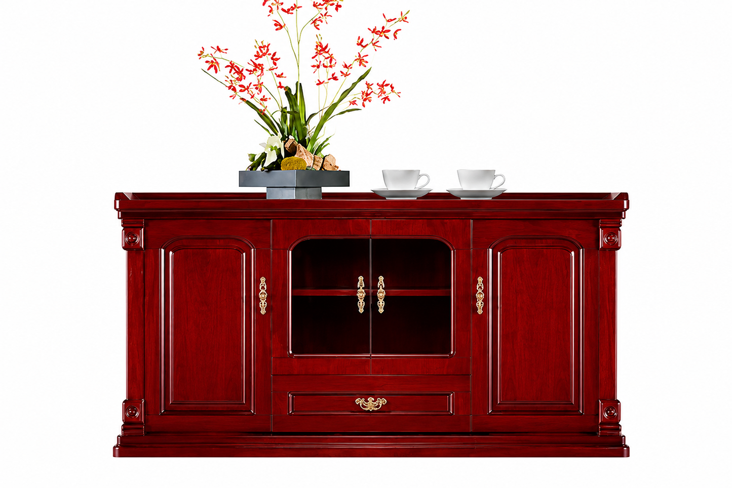 Stylish Cherry Rosewood Real Wood Veneer Executive Storage Cupboard with Glass Doors - 1500mm - U9B153