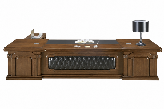 Premium Traditional Large Light Walnut Real Wood Veneer Executive Office Desk - With Pedestal and Side Return - 2800mm to 3800mm - U9B281