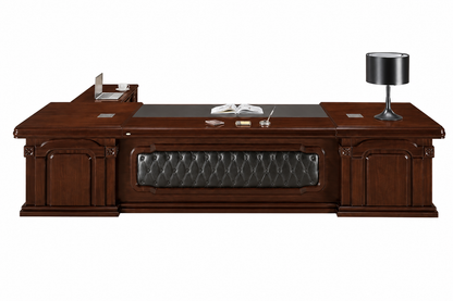 Premium Traditional Large Walnut Real Wood Veneer Executive Office Desk - With Pedestal and Side Return - 2800mm to 3800mm - U9B281