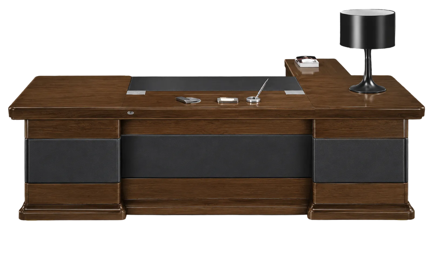 Luxury Light Walnut Real Wood Veneer Executive Desk Black Leather Detailing - With Pedestal and Return - 2400mm / 2600mm / 2800mm - U9C241