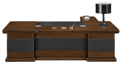 Luxury Light Walnut Real Wood Veneer Executive Desk Black Leather Detailing - With Pedestal and Return - 2400mm / 2600mm / 2800mm - U9C241