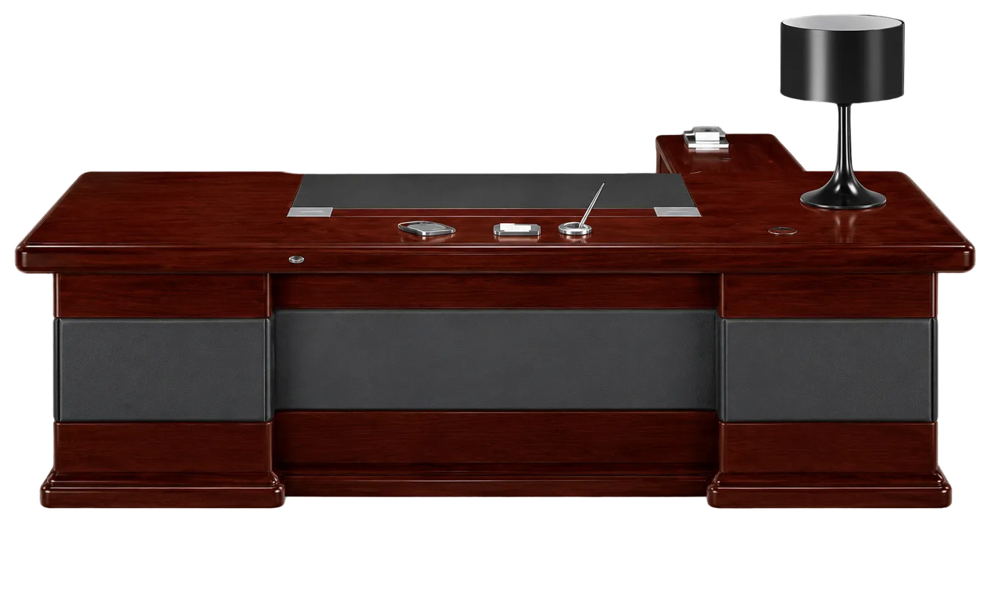 Luxury Walnut Real Wood Veneer Executive Desk Black Leather Detailing - With Pedestal and Return - 2400mm / 2600mm / 2800mm - U9C241