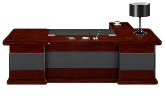 Luxury Walnut Real Wood Veneer Executive Desk Black Leather Detailing - With Pedestal and Return - 2400mm / 2600mm / 2800mm - U9C241