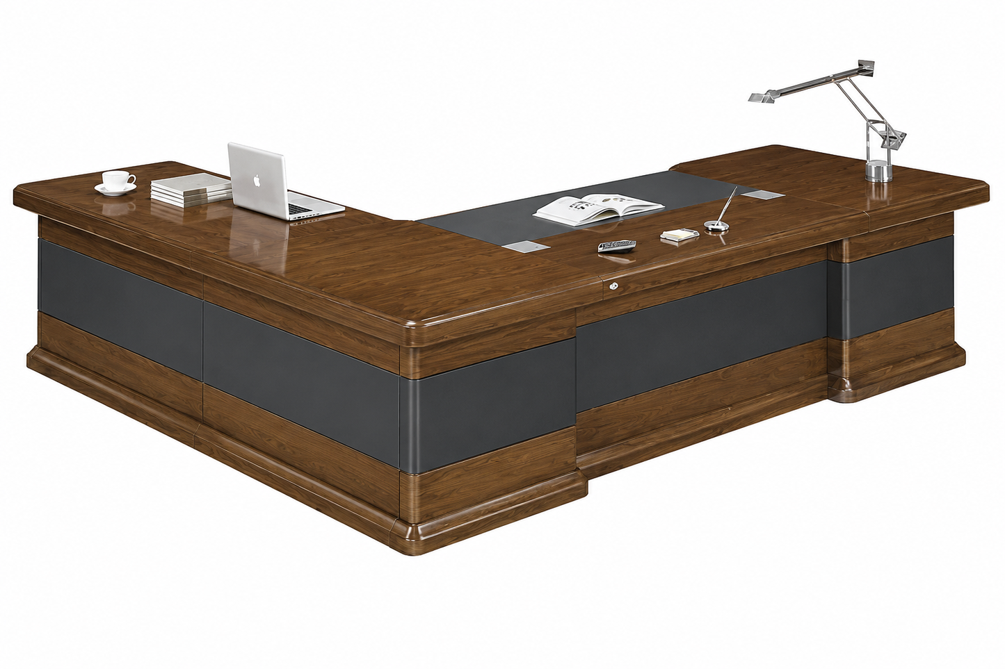 Luxury Light Walnut Real Wood Veneer Executive Desk Black Leather Detailing with Desk High Return and Pedestal - 2800mm to 3600mm - U9C321