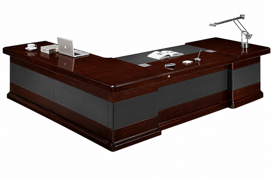 Luxury Walnut Real Wood Veneer Executive Desk Black Leather Detailing with Desk High Return and Pedestal - 2800mm to 3600mm - U9C321