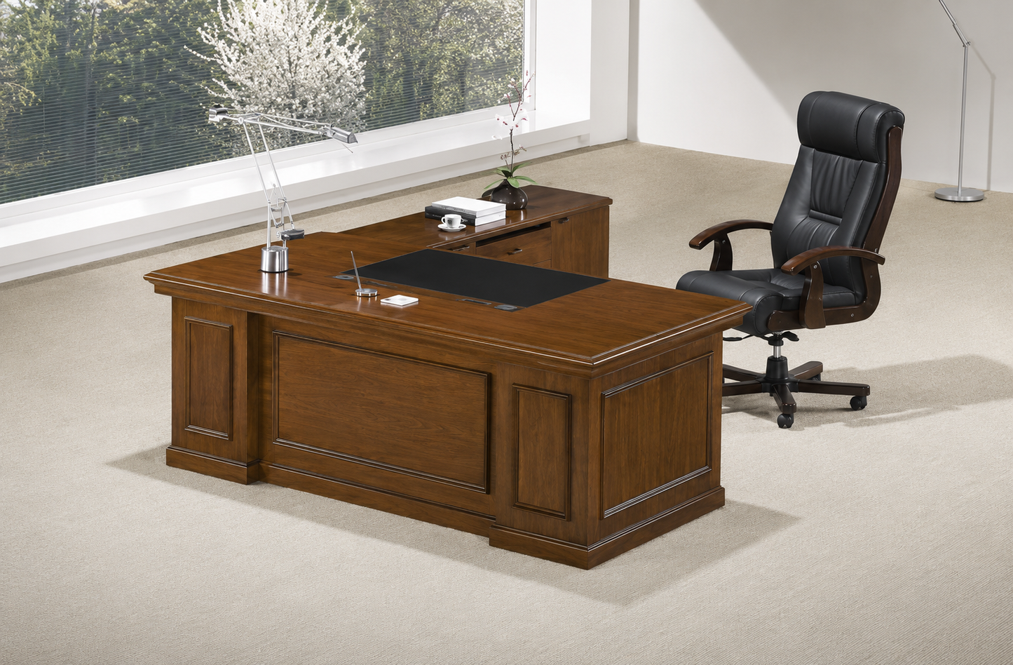 Real Light Walnut Veneer Executive Office Desk With Pedestal & Return - 2000mm - UG203